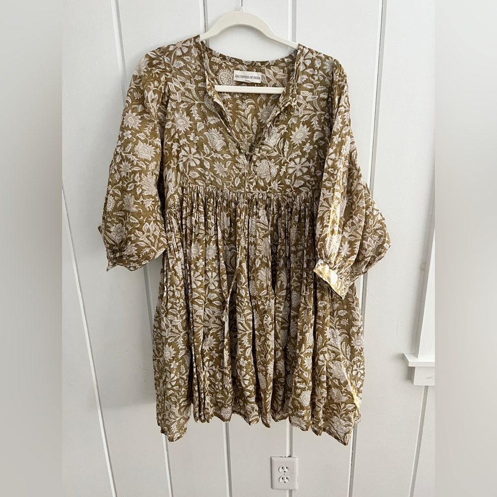 Daughters of India Floral Mini Dress in Olive and Cream